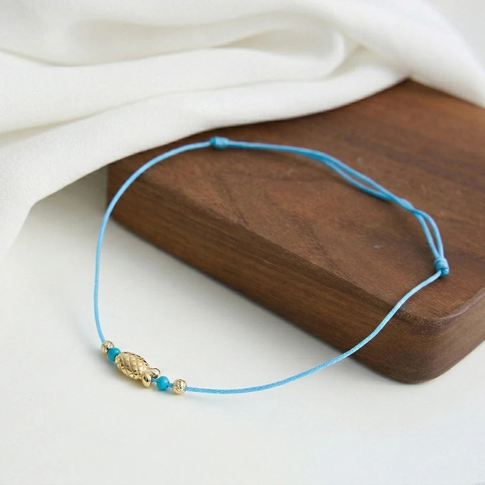 RINNTIN SA99 Wholesale Fine Jewelry Custom 925 Sterling Silver 14K Gold Plated Fish Charm Blue Rope Anklets Jewelry for Women