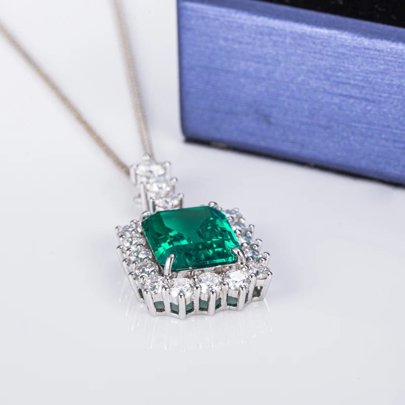 Messi Jewelry MSN-528 18k White Gold Emerald Cut Lab Grown Emerald Pendant Necklace
