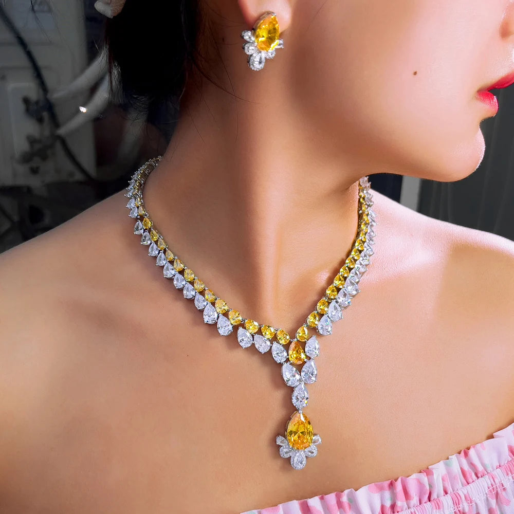 2 Layer Water Drop Zirconia Big Chunky Necklace and Earrings Yellow Party Brides Jewelry Sets for Women Luxury Wedding Decor