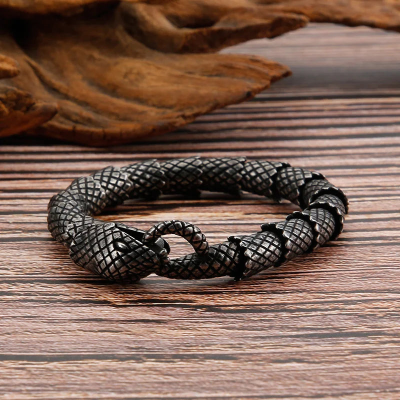VIKING Mens Punk Vivid Snake Links Bracelet – Oxidized Black & Silver