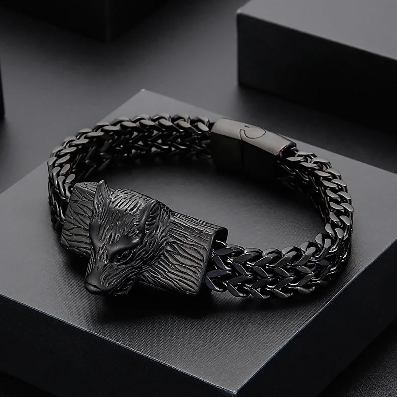 REBEL Punk Fine Jewelry Fashion Bracelets Men Stainless Steel Wolf Head Links Bracelet Bangle