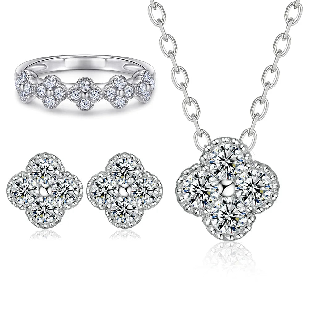 ArtistA Fine Jewelry Set 925 Silver Zircon Necklace Wedding Ring Flower Earring Rhodium Plated Classic Party Valentine Gift Women's