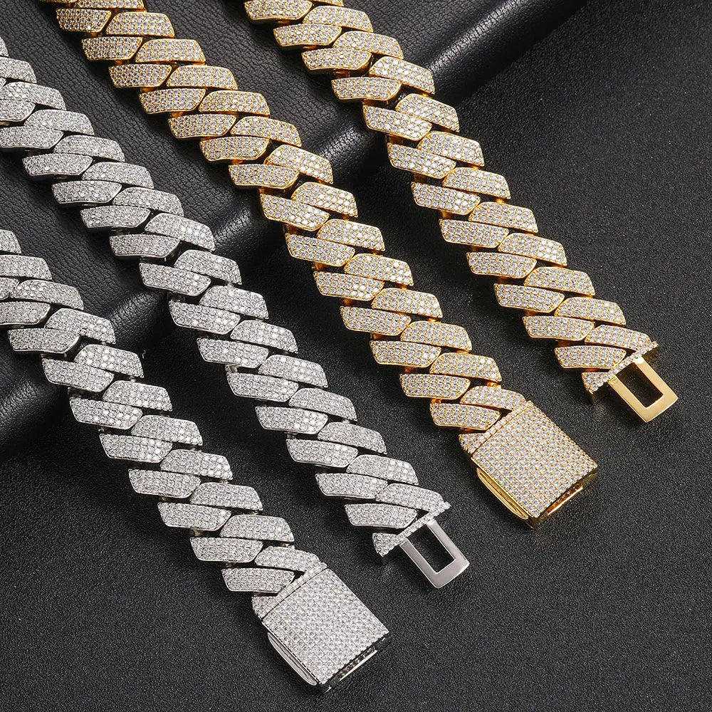 BiG-BOSS Men Hip Hop Jewelry 20mm 3 Rows Gold Chunky Necklace Iced Out Cz Prong Cuban Link Chain Necklace Diamond Cuban Chain