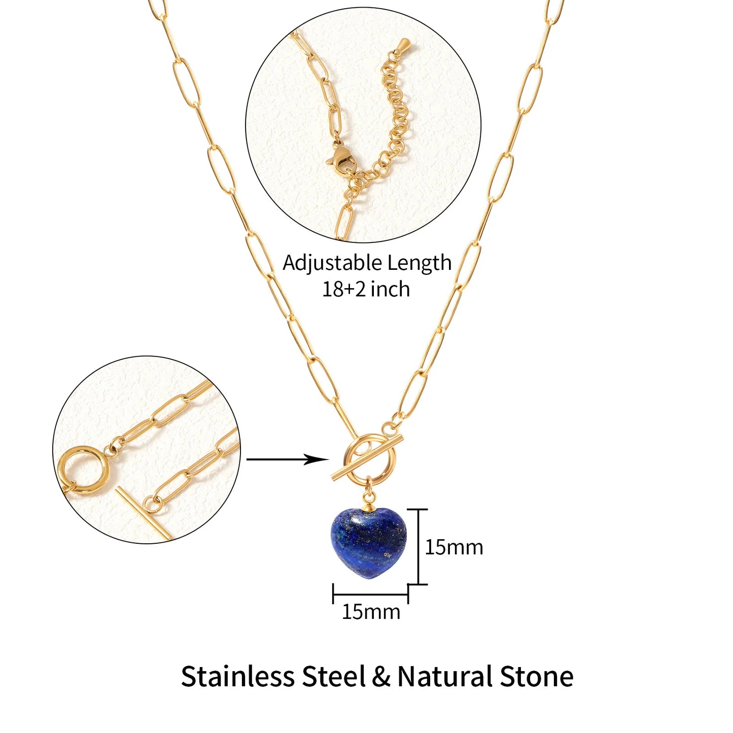 Natural Stone Stainless Steel Heart Pendant Necklace Necklace