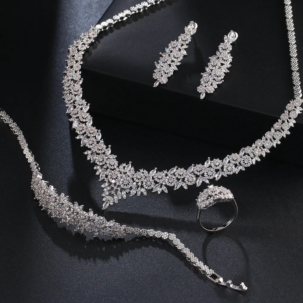 Luxury Round Brilliant Zirconia Exquisite 4-Piece Geometric Romantic Bridal Set — Rhodium Plated