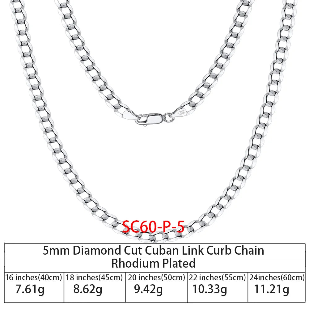 RINNTIN SC36 925 Sterling Silver Chains Hip Hop Jewelry 3.6/5/7mm Chunky Diamond-Cut Cuban Link Chain Necklace for Men Women