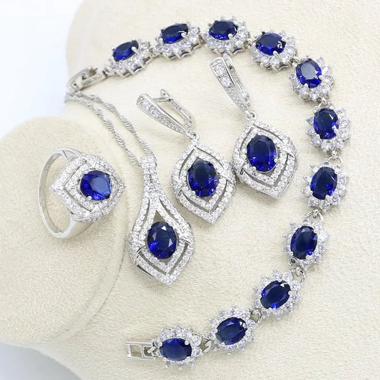 Classic Sapphire Platinum Plated Bridal Jewelry Sets for Women Engagement Anniversary Wedding Party Gift Set Earrings Bracelet