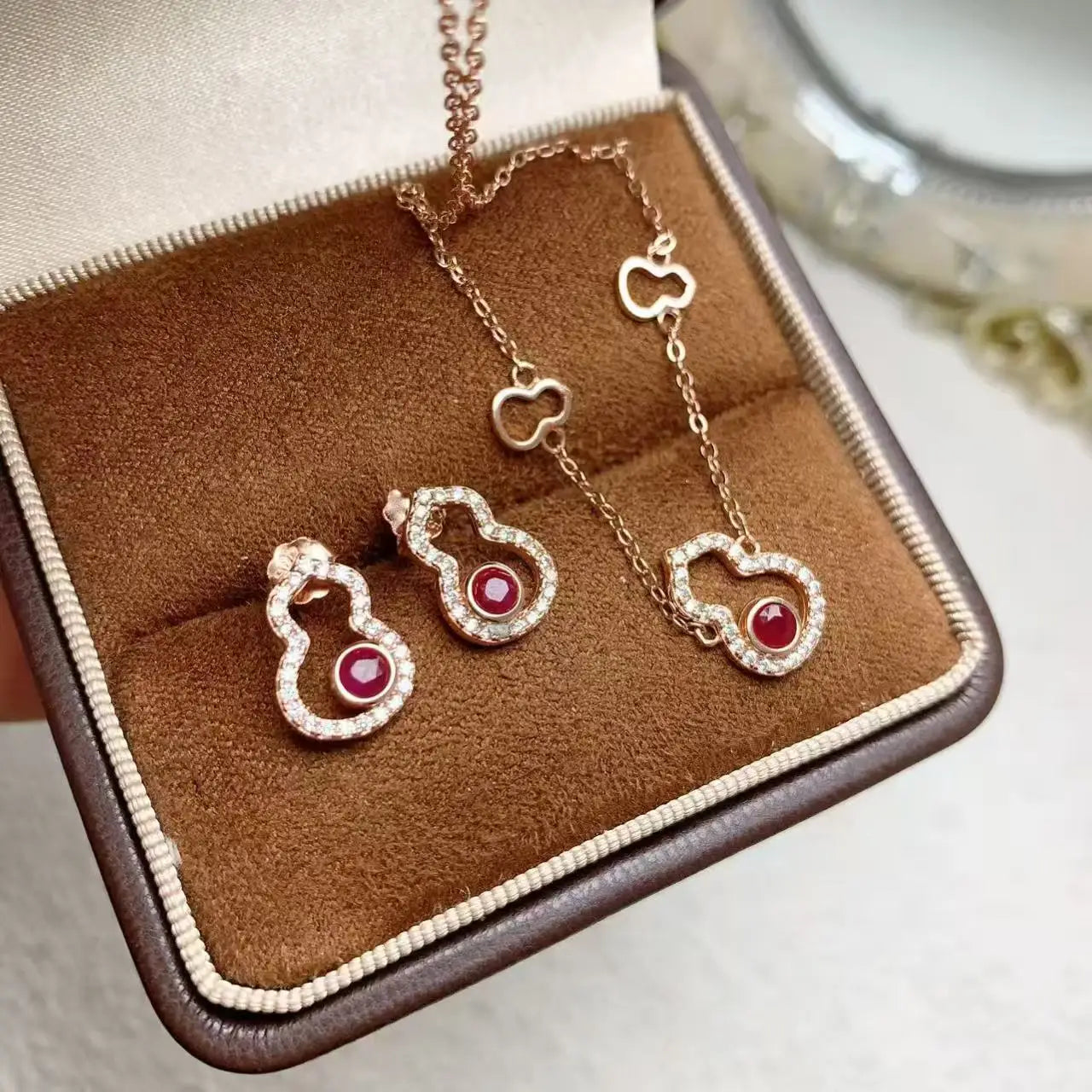 Luxury Natural Ruby Jewelry Set 925 Sterling Silver 18k Gold-plated Necklace Earrings Ring Women's Sets Wedding Engagement Gift