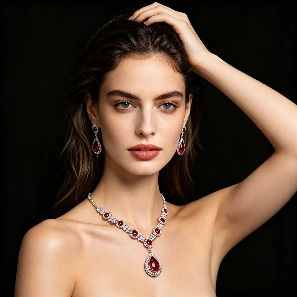 XM S376 Silver Plated Princess Cut Zircon Floral Teardrop Pendant Necklace & Drop Earrings Set