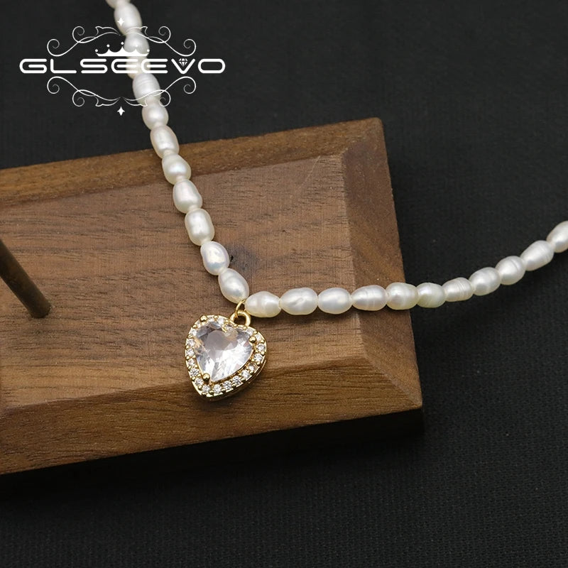 Natural Freshwater Pearl Zircon love Pendant Necklace Gold-plated White Simple Fashion Fine Jewelry Necklace for Girlfriend Gift