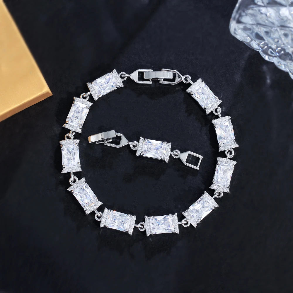 Gemfiori Glamorous Jewelry Gold Plated Rectangle Light Green Cubic Zirconia Anniversary Wedding Party Chain Link Bracelets for Women Man