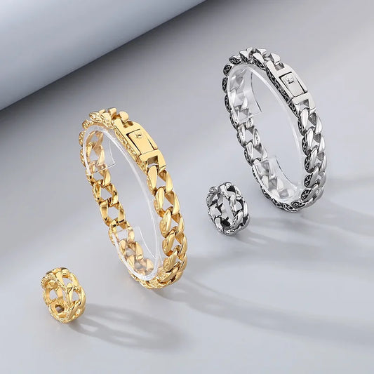 Stainless Steel Men's Ring and Cuban Chain Stainless Steel Bracelet Chain Set