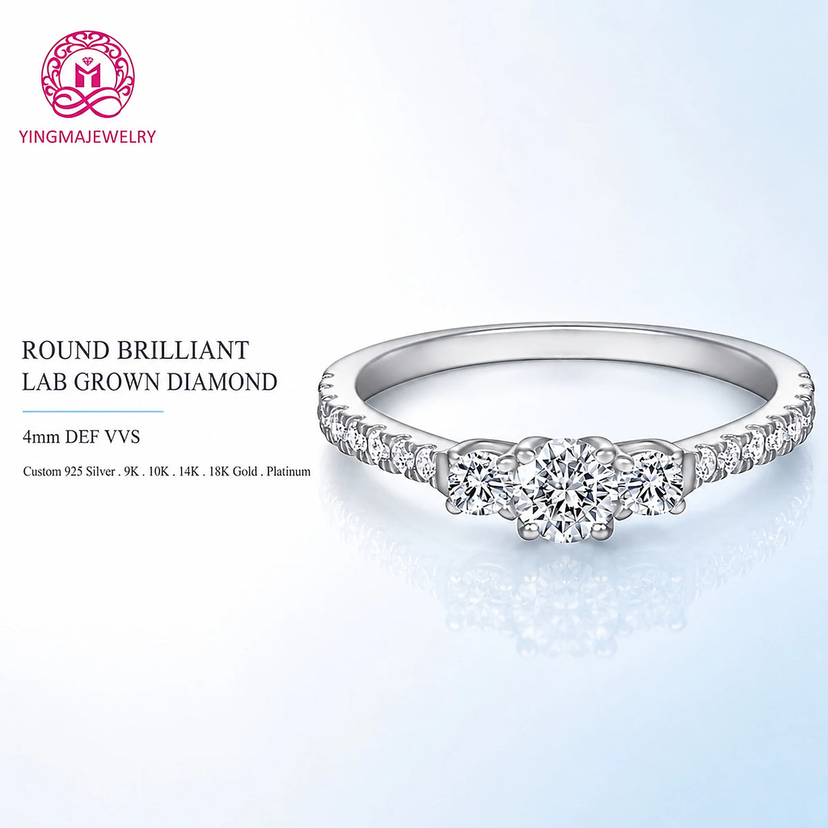 Gioiellieri Three Stone Round Brilliant Lab Grown Diamond Ring DEF VVS 4mm 9K 10K 14K 18K White/Yellow/Rose Gold Women Fine Fashion Jewelry