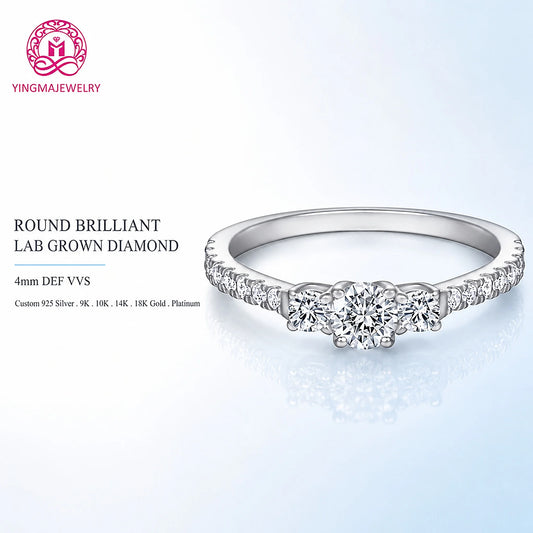 Three Stone Round Brilliant Lab Grown Diamond Ring DEF VVS 4mm 9K 10K 14K 18K White/Yellow/Rose Gold Women Fine Fashion Jewelry