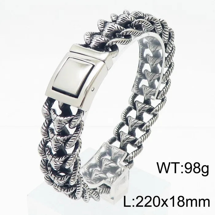 KALEN Men Vintage Matte/Polished 220mm Stainless Steel Striped Links Bracelet