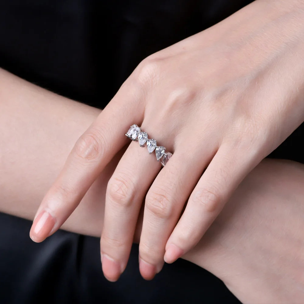 MuShan Jewelry Factory Pear Shaped White 4*6 High Carbon Diamond S925 Silver Women Versatile Ring Full Diamond Band