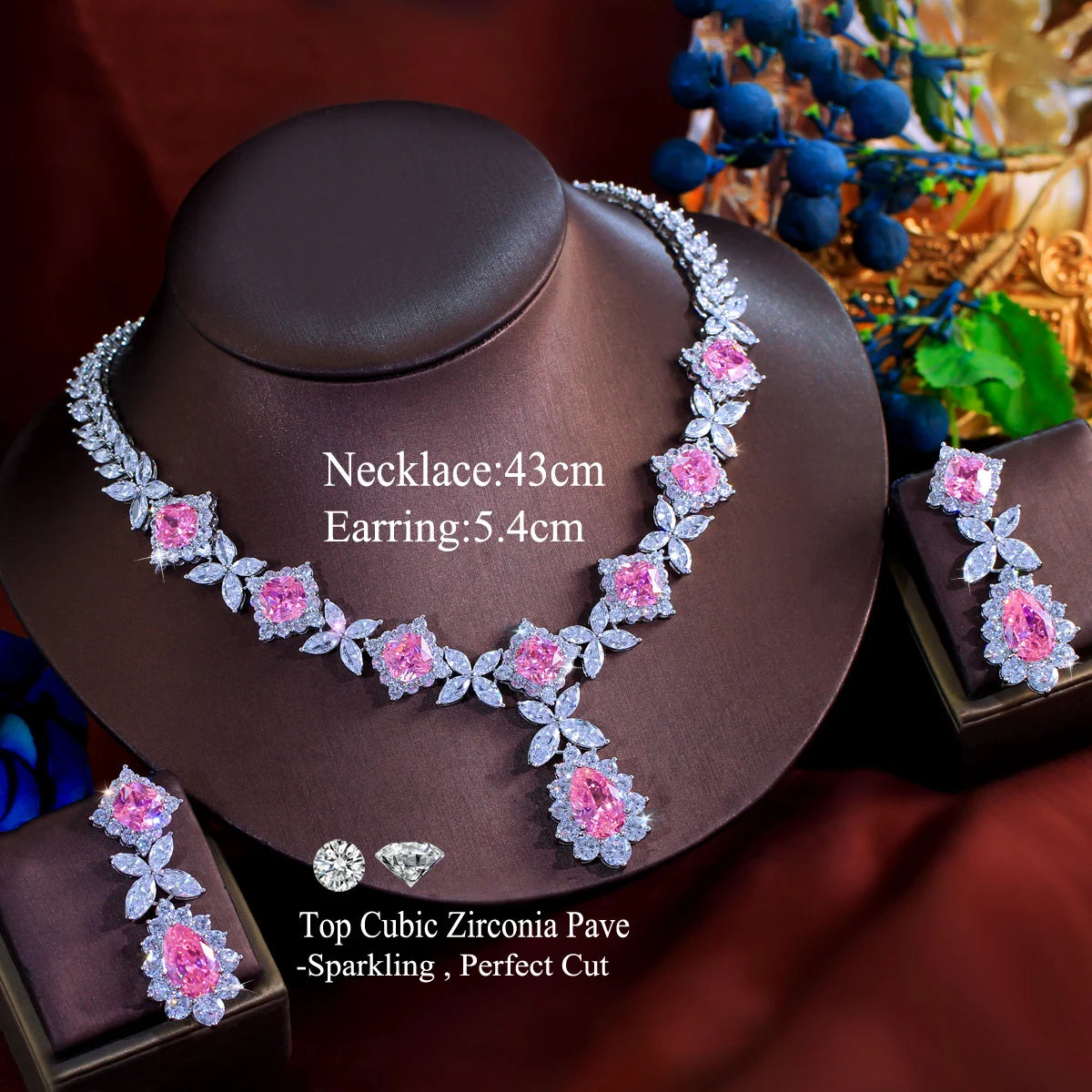 2024 Luxury Super Gorgeous Leaf Drop Pink Cubic Zirconia Dinner Wedding Bridal Necklace Earrings Top Jewelry Sets for Brides