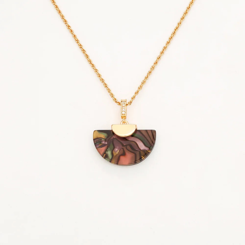 Mother-of-Pearl Shell Pendant Necklace & Earrings | Real Gold Plated Copper Collarbone Chain | Blue, Coffee & Red