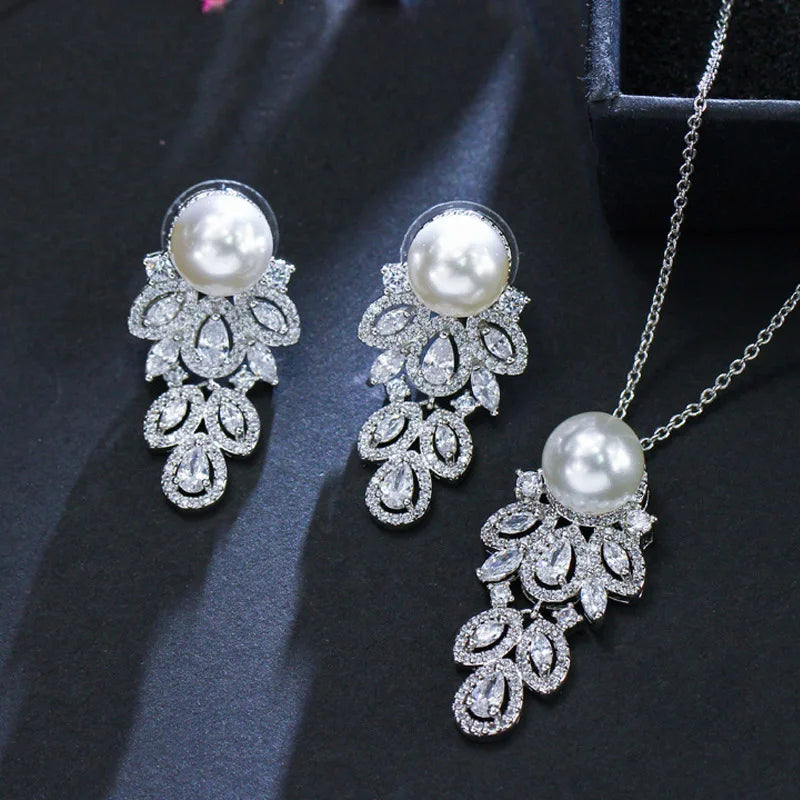 Fashion Brand Long Feather CZ Crystal Silver Plated Simulated Pearl Dangle Earrings and Chain Necklace Jewelry Sets for Women
