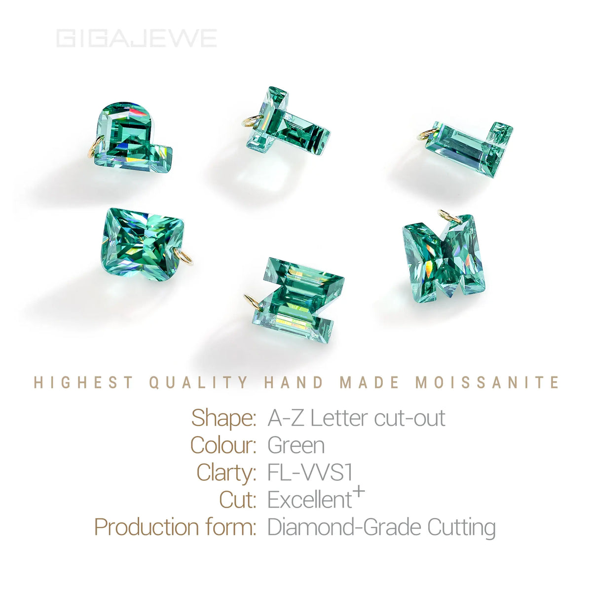 GIGAJEWE 14K Solid Gold Initial Alphabet Moissanite Necklace Custom 1ct Green Letter Pendant Charm A-Z Personalized Jewelry