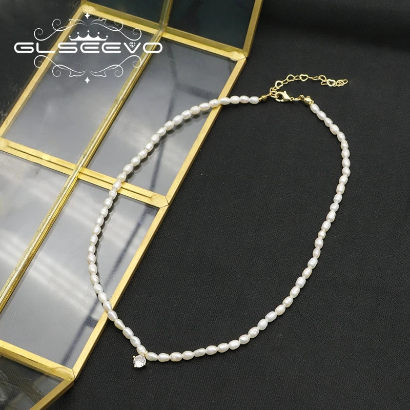 Natural Freshwater Pearl Zircon love Pendant Necklace Gold-plated White Simple Fashion Fine Jewelry Necklace for Girlfriend Gift