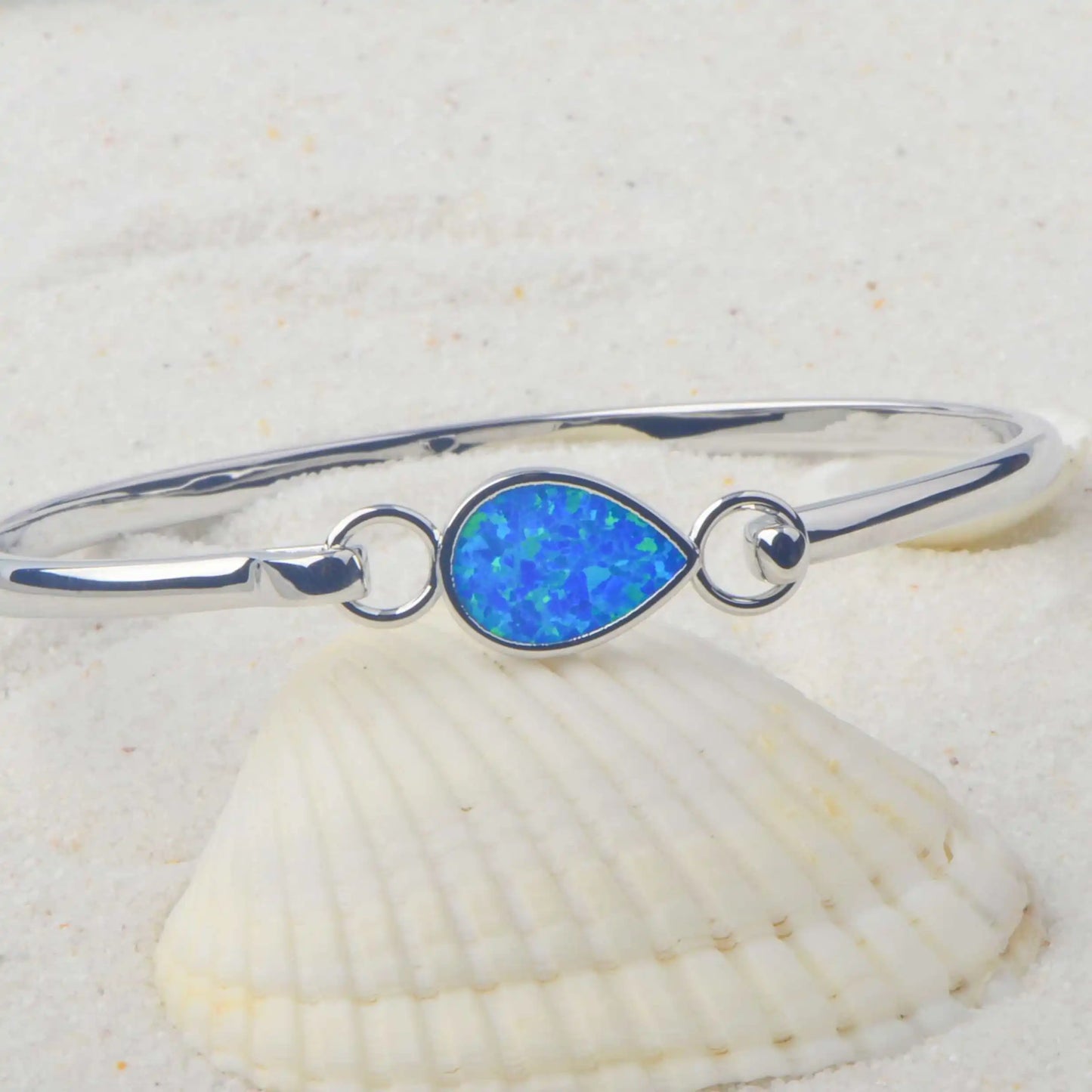 Dainty Teardrop Blue Opal Bangle - Minimalist Silver Bracelet for Daily Elegance