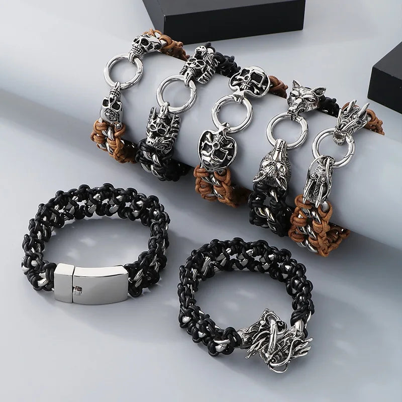 KALEN Punk Fine Jewelry Fashion Bracelets Men Stainless Steel Micro Fiber Leather Skull Links Bracelet Bangle