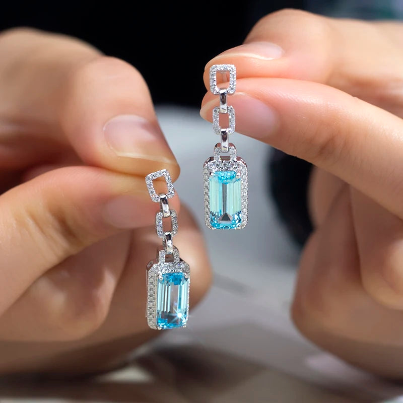 ArtistA MiShang Jewelry S925 Silver Earrings Radiant Cut Lab Grown Sapphire Diamond Aquamarine Lab Grown Diamond Pendant Earrings