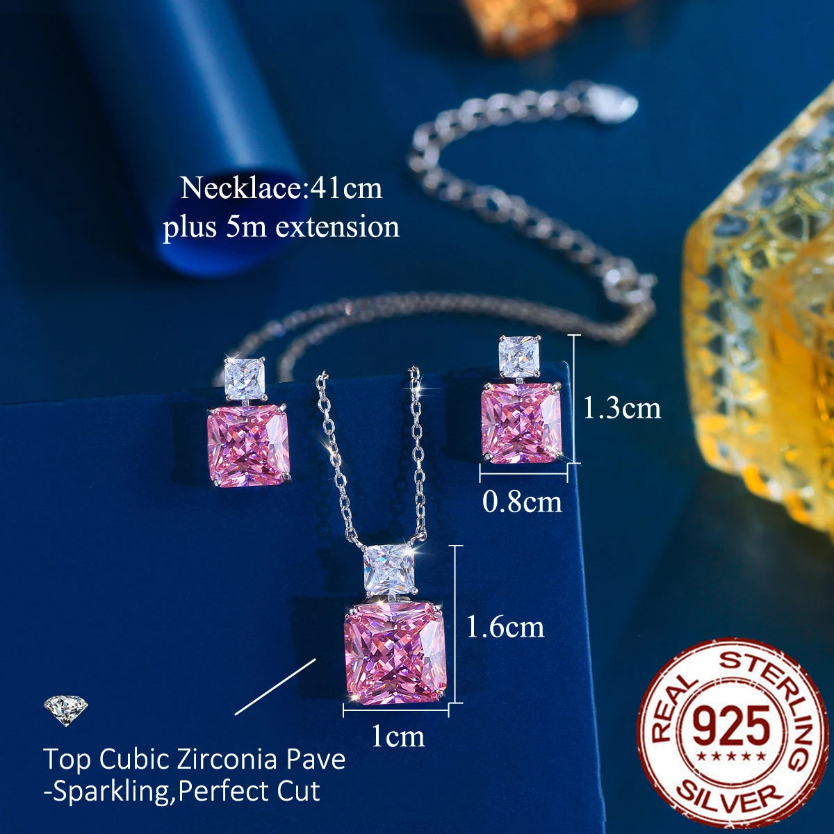 Elegant Fine Zirconia Jewelry Set 925 Sterling Silver Pink CZ Square Pendant Necklace Earrings Jewelry Set for Women Party Gifts