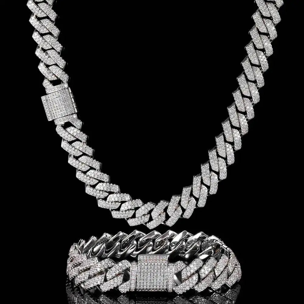S&S European Hot Selling Hip Hop 18K Gold Plated Jewelry Set 14mm Iced Out Miami Cuban Link Chain Necklace and Bracelet Set for Men
