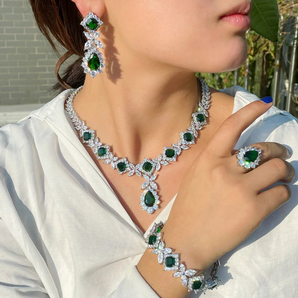 4 Pcs Flower Drop Emerald Green Big Cubic Zircon Dubai Women Party Costume Jewelry Sets for Brides Wedding Luxury