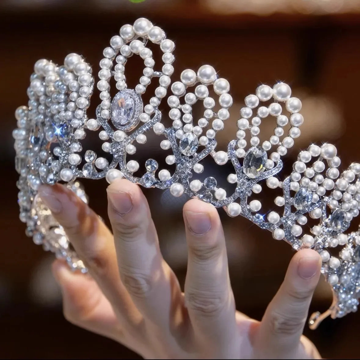 Japanese Korean Wedding Zircon Pearl Crown Princess Headdress Vintage Tiara Bridal Elegant Hair Accessory