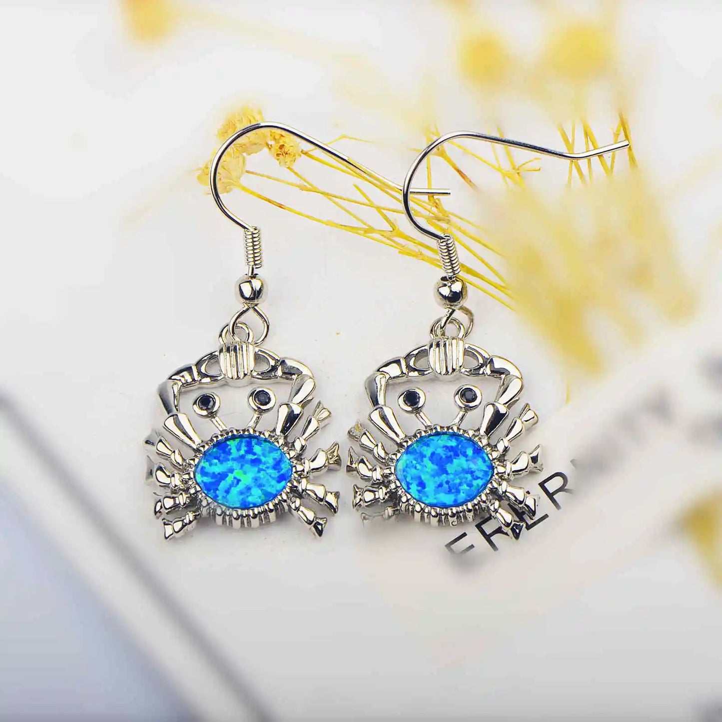 Whimsical Crab Opal Drop Earrings - Blue Fire Opal Center & Playful Seafood Design | Beach-Chic Daily Jewelry Bulk Gifts