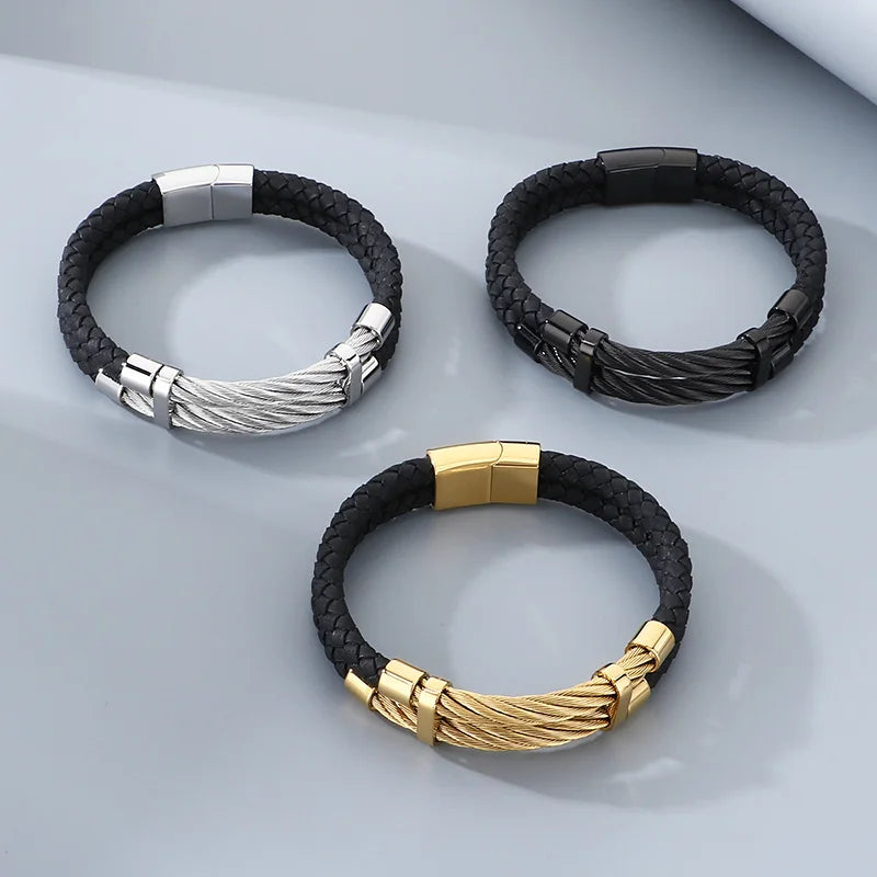 REBEL Trendy Original Unisex Leather Stainless Steel Jewelry Bangle Bracelet