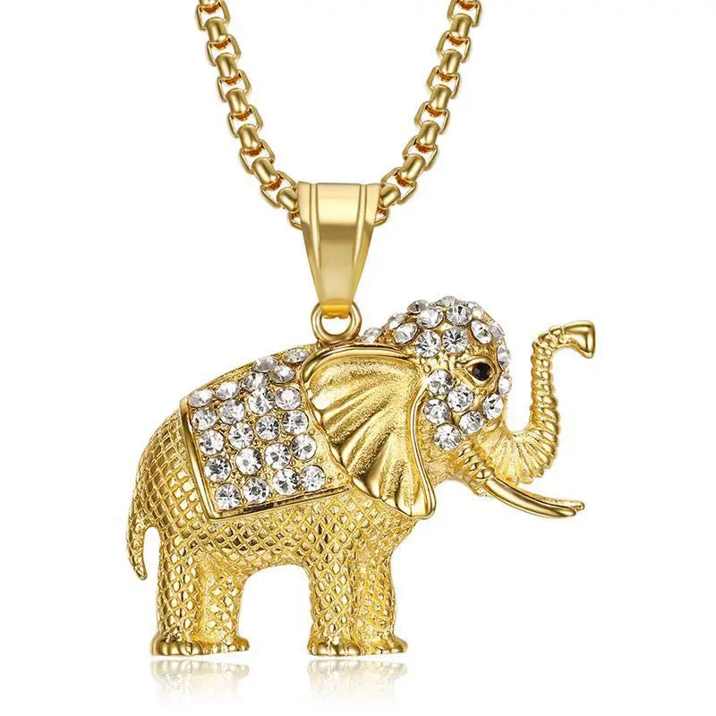 Hip Hop Animal Elephant Cubic Zirconia Waterproof Tarnish Free Stainless Steel Jewelry Pendant Necklaces for Male Man Mens