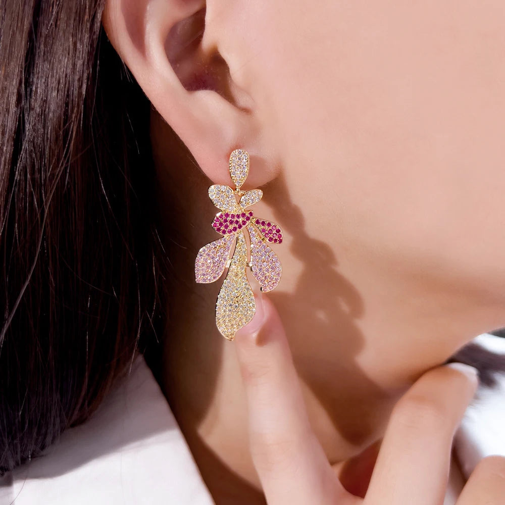 S&S Red CZ Leaf Petal Dangle Drop Earrings – 18K Gold Plated – Collection