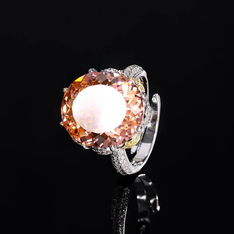 Gemfiori French Zircon Round Pendant Ring with a Light Luxury and High-end Feel Adjustable Ring Court Style Gentle and Fashionable Set