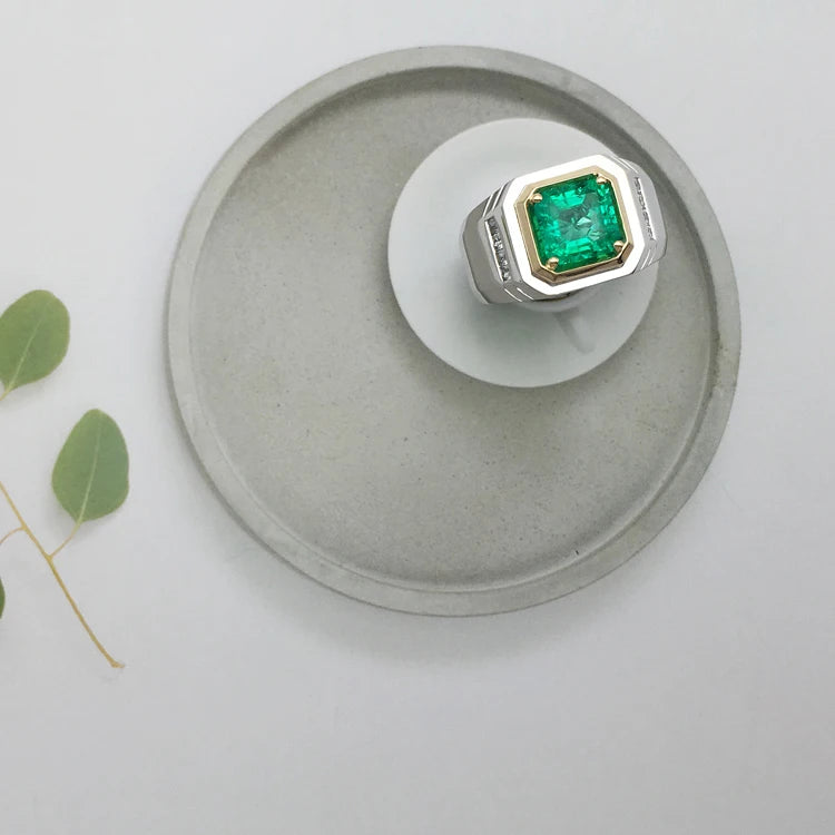Gemfiori Loose Lab Created Emerald Ring for Men Silver Jewelry for Couples Manufactured Emerald Ring Design