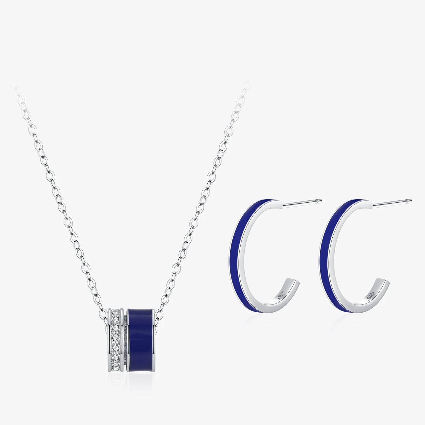 Ailmay Luxury 925 Sterling Silver Blue Enamel Stud Earrings Pendant Necklace for Women Fashion Jewelry Set Gift