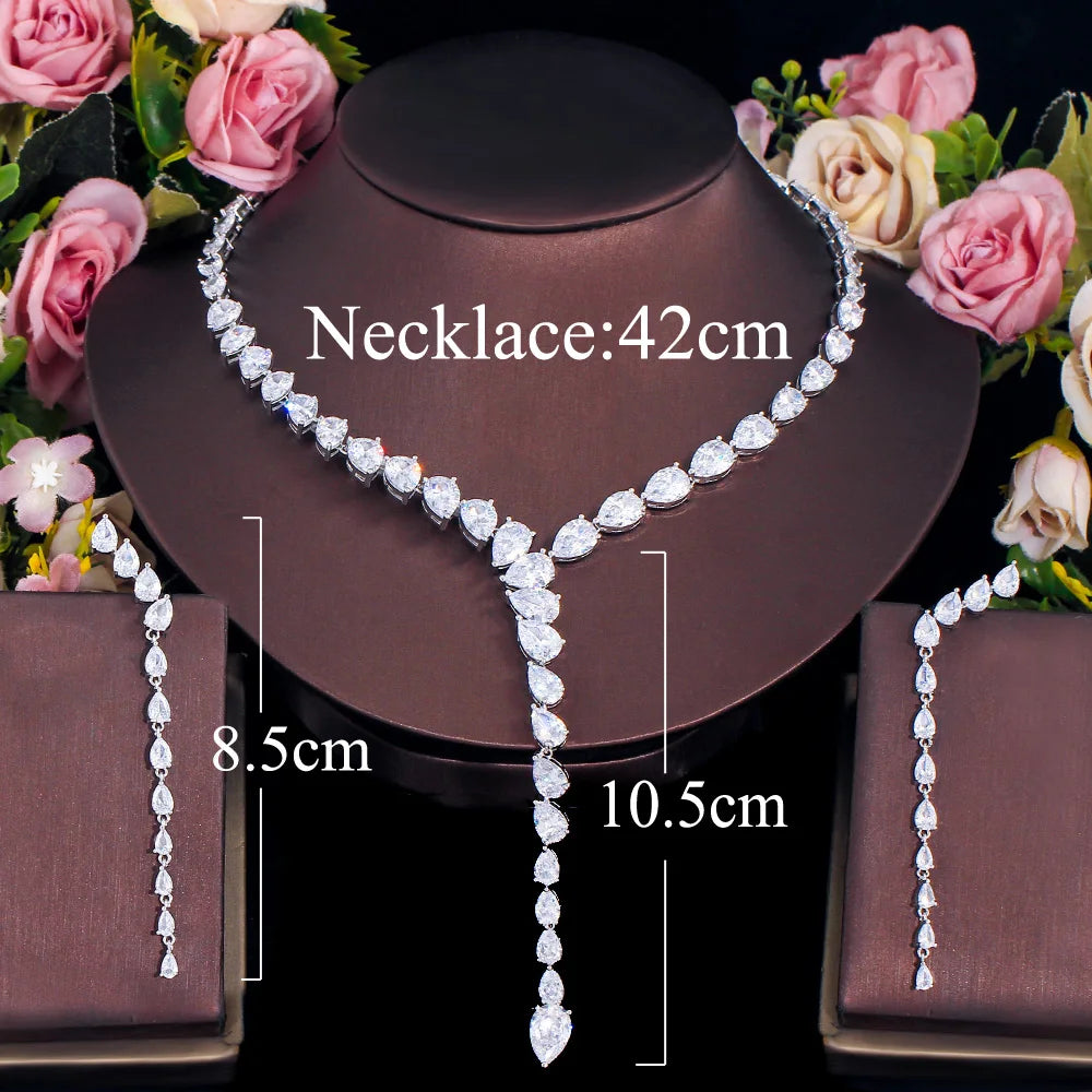 Luxury Green White Colour Zircon Water Drop Pendant Long Earrings Y Shape Necklace Women Party Tennis Necklace Chain Jewelry Set