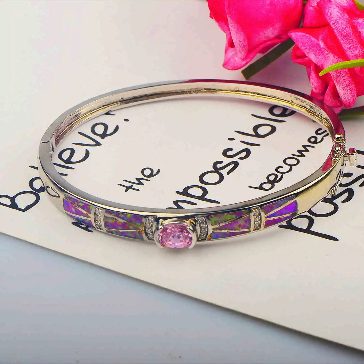 pink  Opal Bangle Aobao Geometric Inlaid Silver Tone Fashion Jewelry
