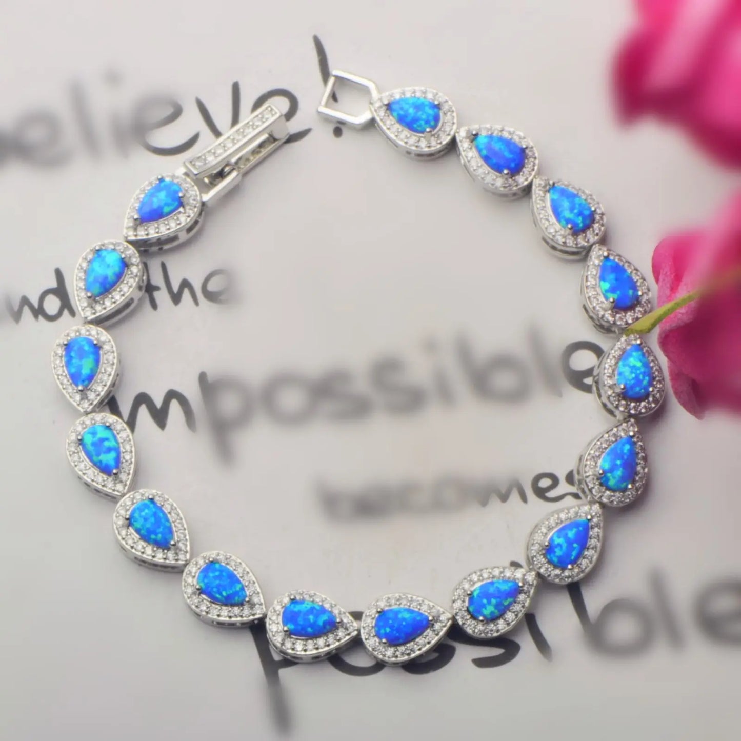Blue Opal Teardrop Bracelet | Silver CZ Accent Jewelry