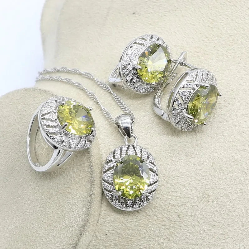 XOTICA Silver Jewelry Set for Women Olive Peridot White Zircon Includes Bracelet Earrings Necklace Ring-for Parties Weddings