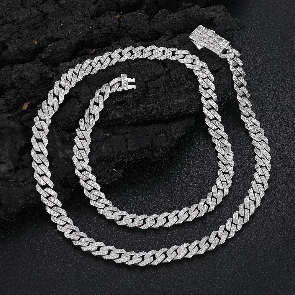 REBEL Fealux Pass Diamond Tester 8mm Two Rows Pass Diamond Tester Iced Out Hip Hop VVS1 Moissanite Cuban Link Chain Necklace Set
