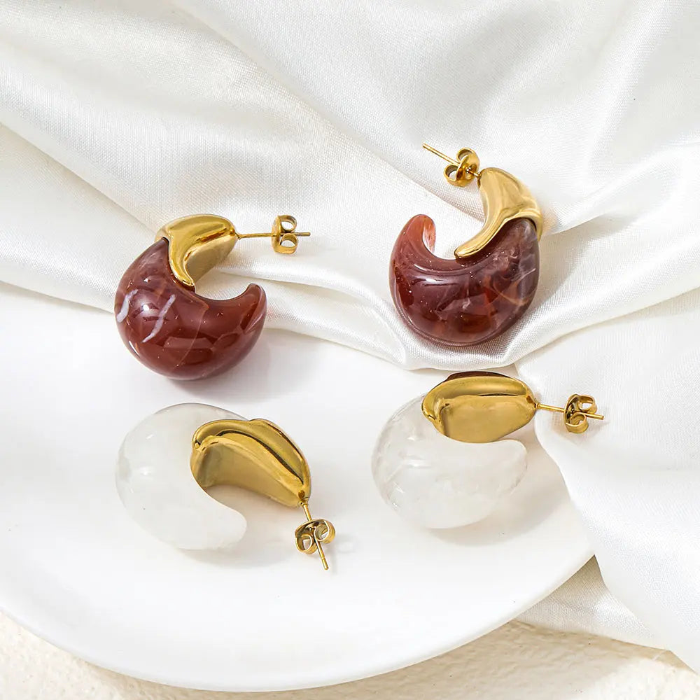 Joolim PVD Plated Wholesale Waterproof Chunky Vintage Marble Pattern Resin Pear C Shape Hoop Earring Stainless Steel Jewelry