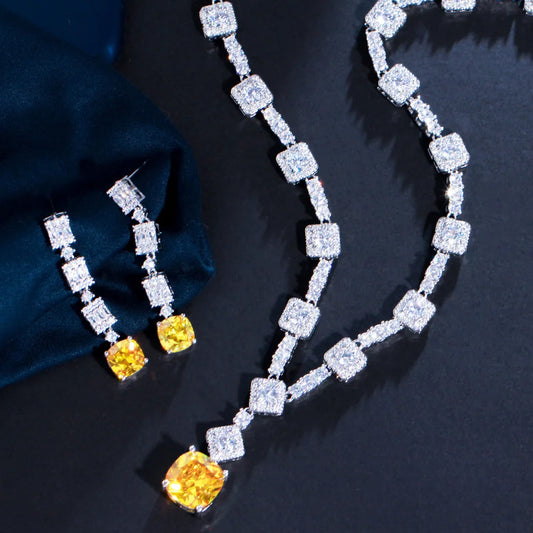 Classic Square Cut Yellow Cubic Zirconia Stone Wedding Necklace Earrings Dubai Nigerian CZ Bridal Jewelry Sets