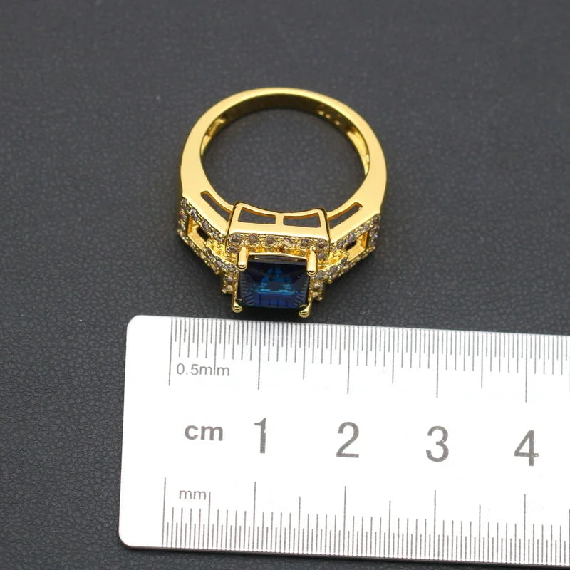 XOTICA Vintage Blue Zirconia Gold Plated Jewelry Set Women's Wedding Earrings Pendant Ring Necklace for Parties