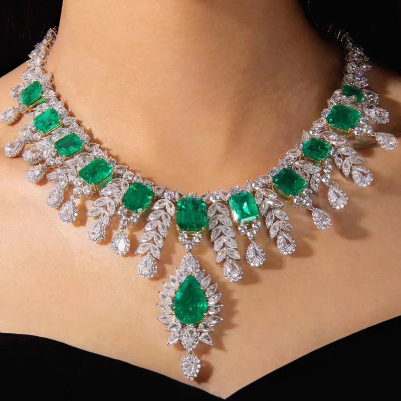 Gemfiori Anster Luxury Large Chain Lab Grown Emerald Pendant Necklace Square Cut Emerald for Wedding Gift Party Engagement Anniversary