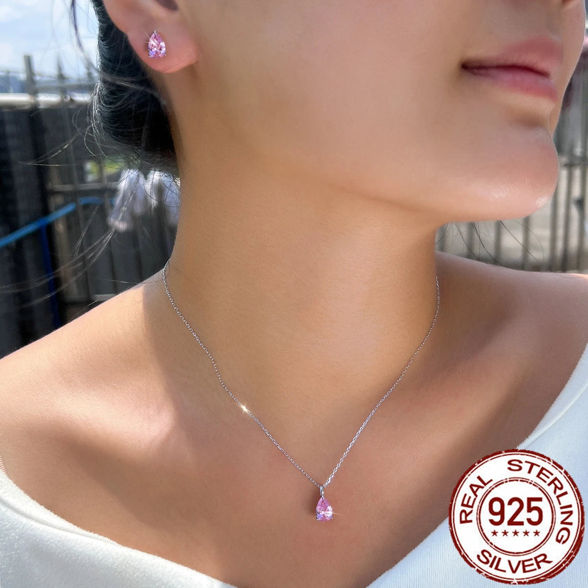 Beauty 925 Sterling Silver Jewelry Set Pink CZ Water Drop Pendant Necklace Stud Earrings Jewelry Set for Women Girls Party Wear