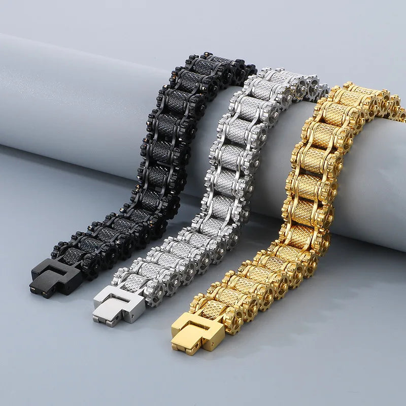 REBEL Men's Punk Motorcycle Chain Bracelet, Multi‑Color Plated Stainless Steel Hip Hop Biker Wrist Cuff, Street Fashion Jewelry Gifts